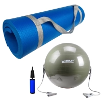 Kit Bola Suia para Pilates 65cm com Extensores + Colchonete Eva 1m Azul