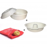 Kit Panela + Forma Redonda de Microondas + Saco de Cozinhar Batatas