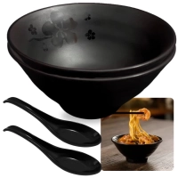 Kit 2 Tigelas 300 Ml + 2 Colheres em Melamina Premium Preta Linha Kanpai para Restaurante Japon�s