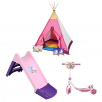 Kit Cabana Infantil com 4 Almofadas + Escorregador + Patinete Unicórnio Rosa