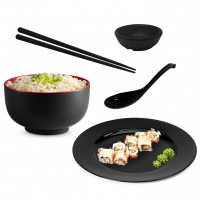 Kit Comida Japonesa com Tigela 600 Ml + Prato Redondo 25cm + Hashi + Colher + Molheira