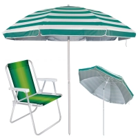Kit Guarda Sol Verde Articulado 2,60 M + Cadeira de Praia Alumnio
