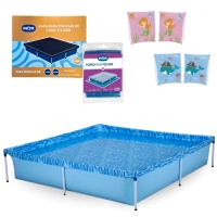 Kit Piscina 1500 Litros + Capa e Forro + Boia de Brao Azul e Rosa