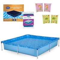 Kit Piscina 1500 Litros + Capa e Forro + Boia de Brao Verde e Rosa