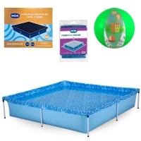 Kit Piscina Quadrada 1500 Litros + Capa e Forro Mor + Bola Inflvel Ilustrada 40 Cm