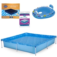 Kit Piscina 1500 Litros + Capa e Forro Mor + Boia Bote Fralda Azul