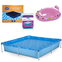 Kit Piscina 1500 Litros + Capa e Forro Mor + Boia Bote Rosa