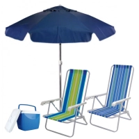 Kit 2 Cadeiras de Praia + Guarda-sol Azul Escuro + Caixa Térmica 18lts