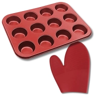 Kit Forma para Cupcakes Color 12 Cavidades + Luva Silicone Vermelha