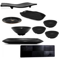 Kit Sushi 9 Peas Pratos Travessas e Molheiras Melamina Preto