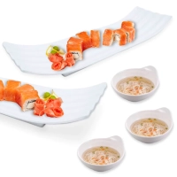 Kit Prato para Sushi Buffet Comida Japonesa Melamina + 3 Tigelas Molheiras