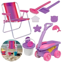 Kit Cadeira de Praia Infantil Rosa + Baldinho, Pazinha, Rastelo Brinquedo de Areia