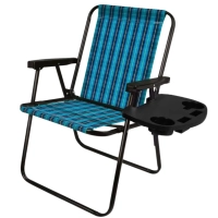 Kit Cadeira de Praia Alta Dobravel Xadrez Azul + Mesa Porttil