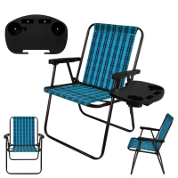 Kit 2 Cadeiras Praia Dobravel Xadrez Azul + 2 Mesas Porttil