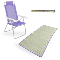 Kit Cadeira Prosa 4 Posies Alta Alumnio + Esteira de Praia Roxa em Palha