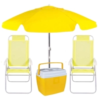 Kit Praia Amarelo Cooler 36l + Guarda Sol 1,60 M + 2 Cadeiras Altas