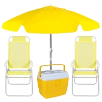 Kit Praia Amarelo Cooler 36l + Guarda Sol 1,60 M + 2 Cadeiras Altas