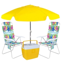 Kit Praia Amarelo Cooler 36l + 2 Cadeiras Florais + Guarda Sol 1,60 M