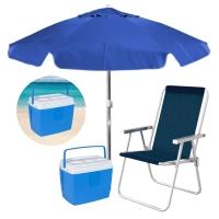 Kit para Praia Azul com Guarda Sol 1,60 M + Cooler 19 L + Cadeira Sannet