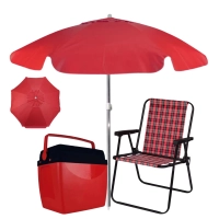 Kit Vermelho / Preto com Guarda Sol 1,60 M + Cooler 34 L + Cadeira de Praia