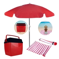 Kit Praia Vermelho e Preto Cooler 26 L + Esteira Vermelha + Guarda Sol 1,60 M