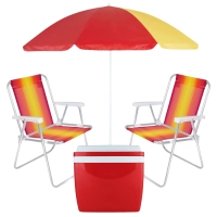 Kit Praia Guarda Sol 1,50 M + 2 Cadeiras Coloridas + Caixa Trmica 26 L