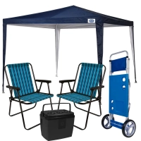 Kit Tenda Gazebo 3x3 M Azul Oxford + 2 Cadeiras + Cooler 19 L + Carrinho C/ Avano