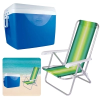 Kit Caixa Termica Azul 75 L Alça e Divisória+ Cadeira Reclinável Alumínio Praia / Pesca