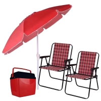 Kit 2 Cadeiras de Praia Xadrez + Guarda Sol 2 M de Manivela + Cooler 26 L