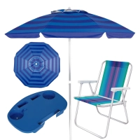 Kit Guarda-sol 2 M Alumnio Azul + Mesa Porttil + 1 Cadeira Pesca / Praia
