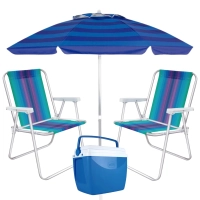 Kit Guarda-sol 2 M Articulado + 2 Cadeiras + Cooler 18 L Pesca / Praia