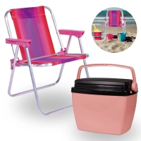 Kit Caixa Termica Pequena Cooler 6 L Rosa Pssego + Cadeira Rosa Infantil Parques