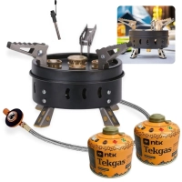 Kit Fogareiro Porttil Super Chama com Acendedor Camping e Pesca + 2 Cartuchos de Gs 230g Cada