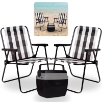 Kit Caixa Termica Preta Cooler 12 L com Ala + 2 Cadeiras de Praia Altas Retro