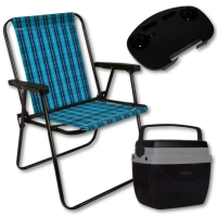 Kit Cooler 12 L Preto com Ala + Cadeira de Praia Alta Xadrez Azul + Mesa Porttil Porta Copos