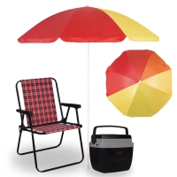 Kit Cooler 12 L Preto com Ala + Cadeira de Praia Alta Xadrez Vermelha + Guarda Sol 1,50 M Colorido