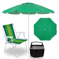 Kit Cooler 12 L Preto com Al�a + Cadeira de Praia Aluminio + Guarda Sol 1,60 M