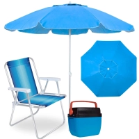 Kit Cadeira de Praia Aluminio + Guarda Sol Azul Bahia 2 M Bagum + Cooler 12 Litros