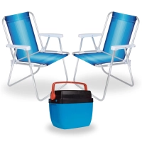 Kit 2 Cadeiras de Praia Aluminio + Caixa Termica Azul e Laranja Cooler 12 Litros