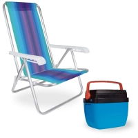 Kit Caixa Termica Azul e Laranja Cooler 12 L com Ala + Cadeira de Praia 4 Posies Camping