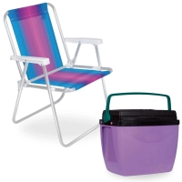 Kit Cadeira de Praia Aluminio Colorida + Caixa Termica Cooler 26 L Roxa e Verde