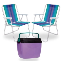 Kit 2 Cadeiras de Praia Aluminio Colorida + Caixa Termica Cooler 26 L Roxa e Verde