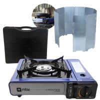Kit Fogareiro Horizontal com Maleta Frontier Ntk Azul + Protetor de Vento em Alumnio Dobrvel