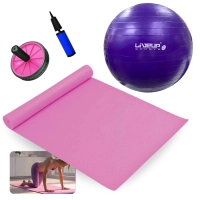 Kit Treino Bola Sua 55 Cm + Colchonete Eva Pilates / Yoga + Roda Abdominal Rosa + Mini Bomba