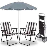Kit 2 Cadeiras de Praia Alta Retro + Guarda Sol 2 Metros + Carrinho de Praia com Avano