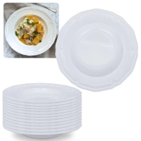 Kit Conjunto 12 Pratos Fundos Brancos 22,5 Cm Borda Decorada em Melamina / Pl�stico