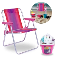 Kit Cadeira de Praia Infantil Rosa + Baldinho de Praia com 8 Peas em Cores Sortidas