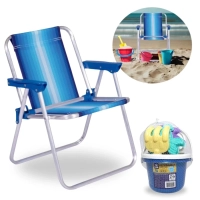Kit Cadeira de Praia Infantil Azul + Baldinho de Praia com 8 Peas em Cores Sortidas