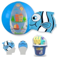 Kit Touca Infantil Peixinho + Bola Inflvel Azul 40 Cm + Baldinho de Praia com 8 Peas Sortidas