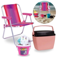 Kit Cadeira de Praia Infantil Rosa + Caixa Termica 6 Litros Rosa + Baldinho de Praia com 8 Pe�as